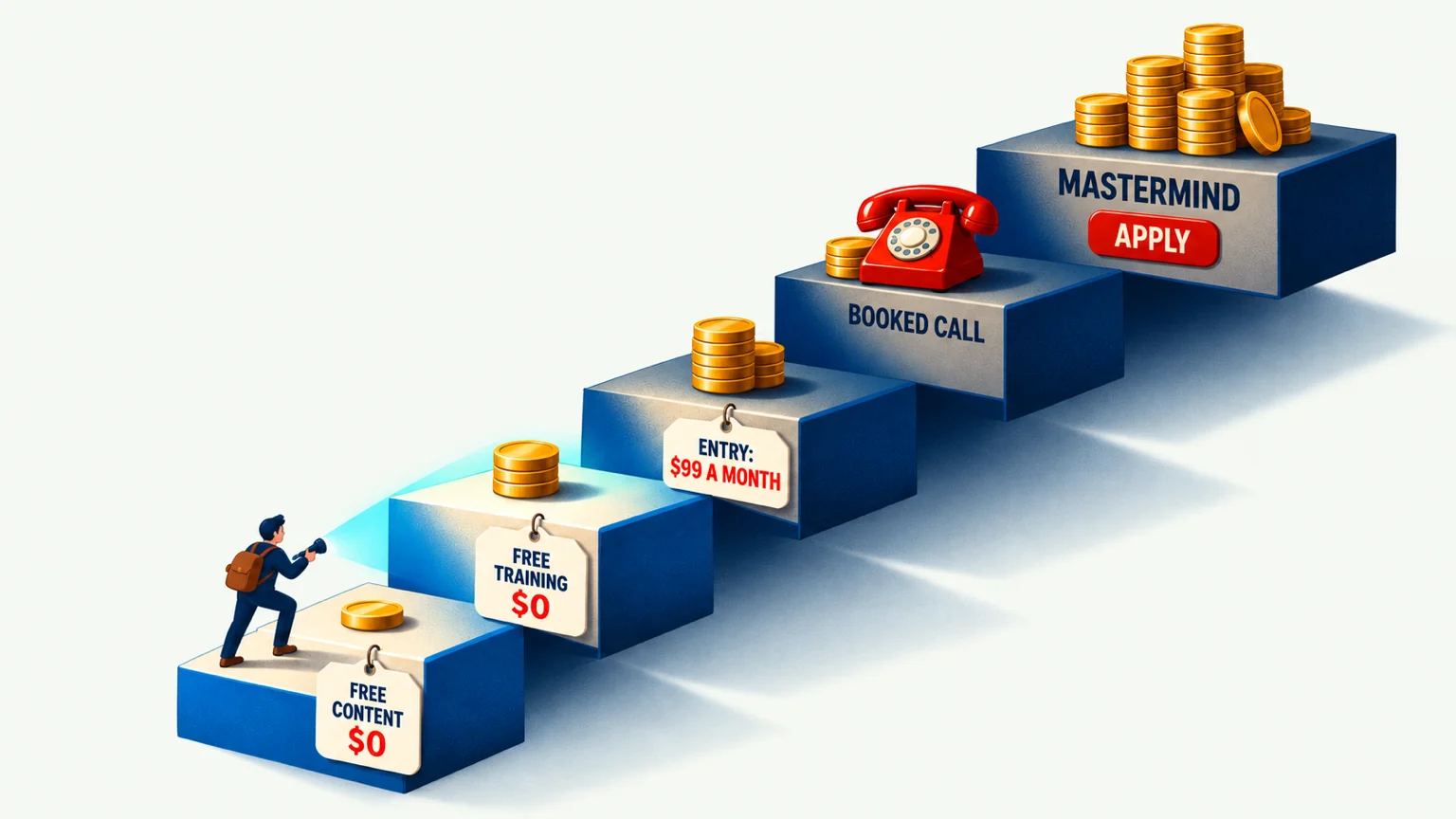 A staircase of five price steps rises into darkness: the lower steps carry price tags, the top step has only an Apply button, and a small figure can only see the next step.