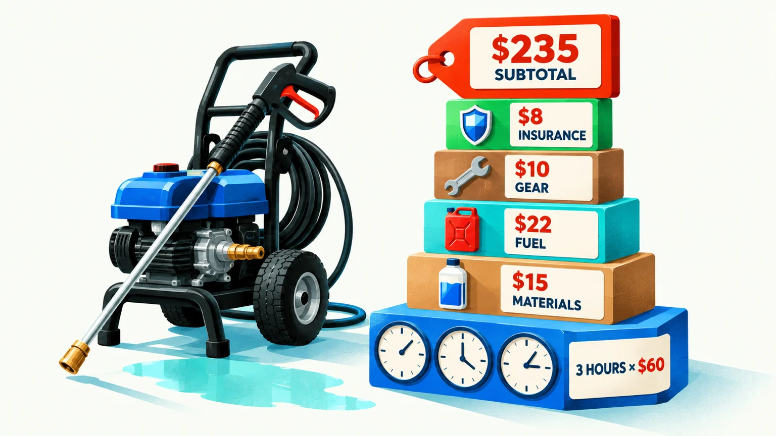 Blocks for three hours of labor, materials, fuel, gear and insurance stack into one tower that makes a $235 quote for a driveway wash.