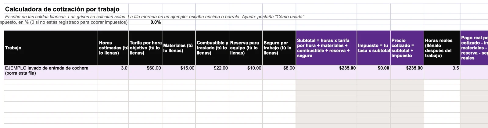 La calculadora de cotización de la lección del servicio local, primeras filas.
