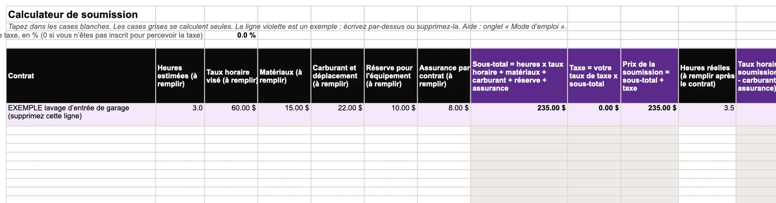 Le calculateur de soumission de la leçon sur le service local, premières lignes.