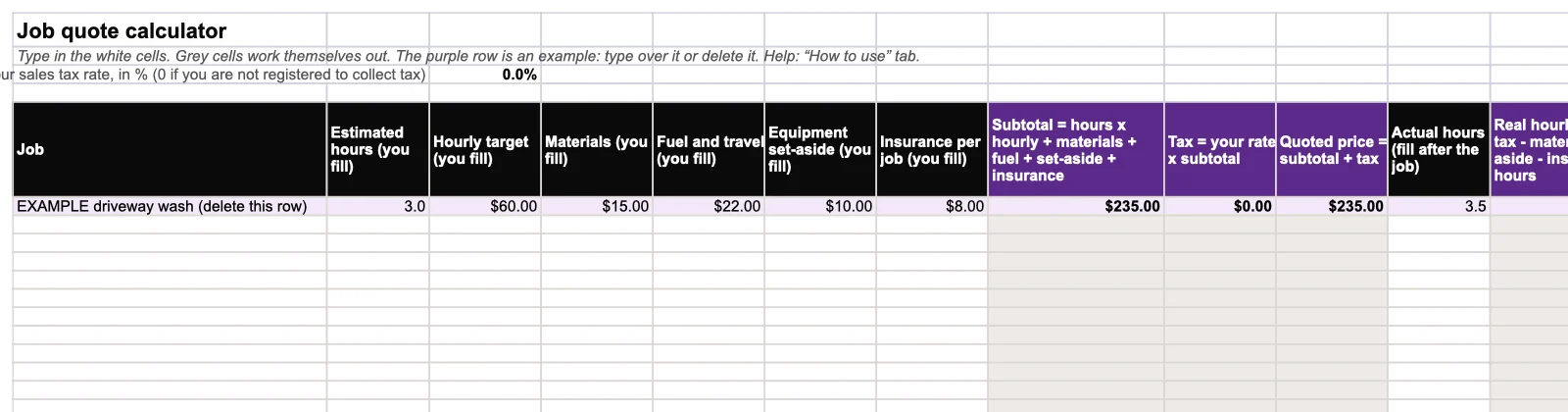 The job quote calculator from the local-service lesson, first rows.