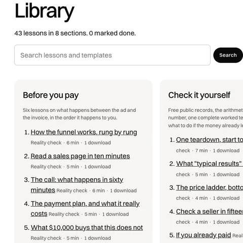 La biblioteca del kit: ocho secciones de lecciones